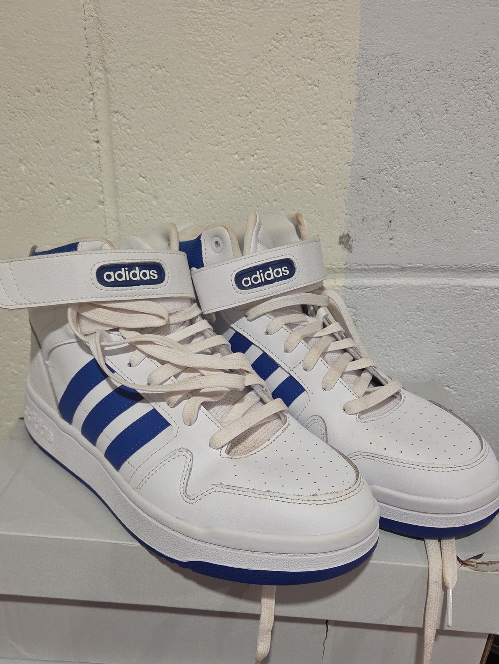 adidas White and Blue Mid-Top Sneakers with Strap